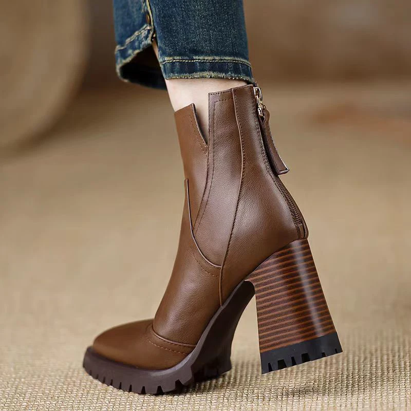 Oulylan Thick High-heeled Women Shoes Retro Elegant Back Zipper Short Boot Autumn Winter Fashion Soft Leather Boots 34-39
