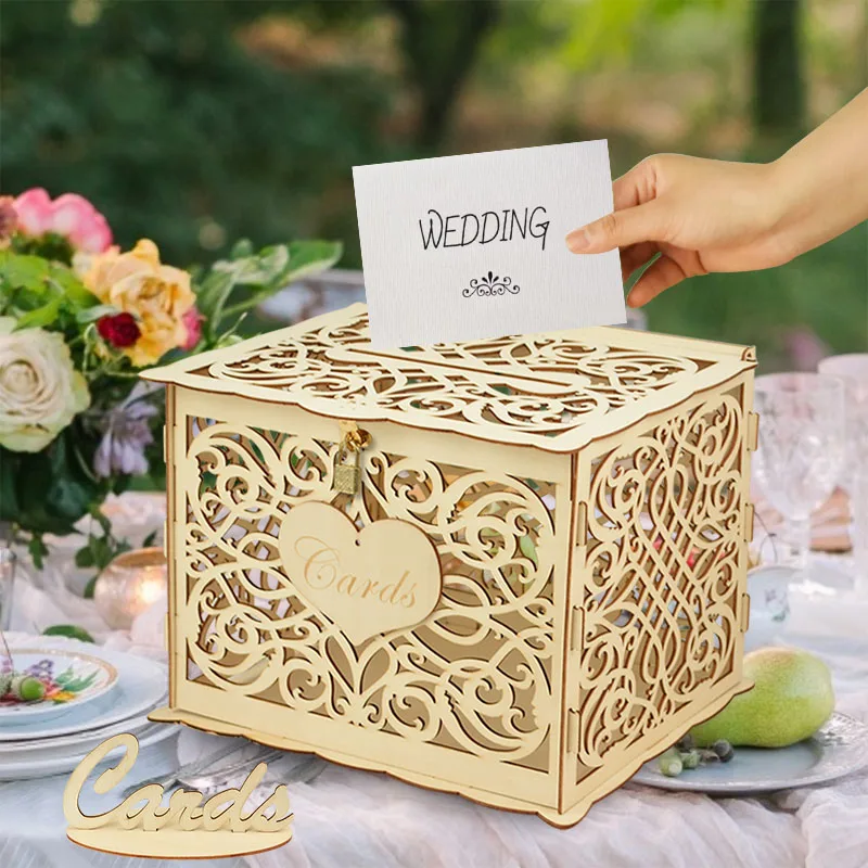 

Wedding Card Box Envelope Gift Card Wooden Boxes Hollow Floral Pattern Invitation Card DIY Box Wedding Party Decoration Supplies