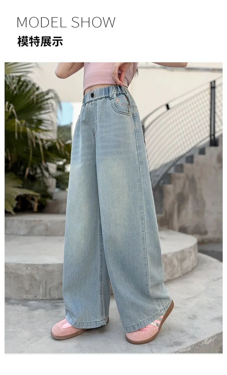 Sommer-Jeanshosen für Mädchen von UNITIM, 4-14 Jahre, Weite Beine, Lockere Passform mit Taschen, Gerade Hosen für Junge Mädchen – Detail 2