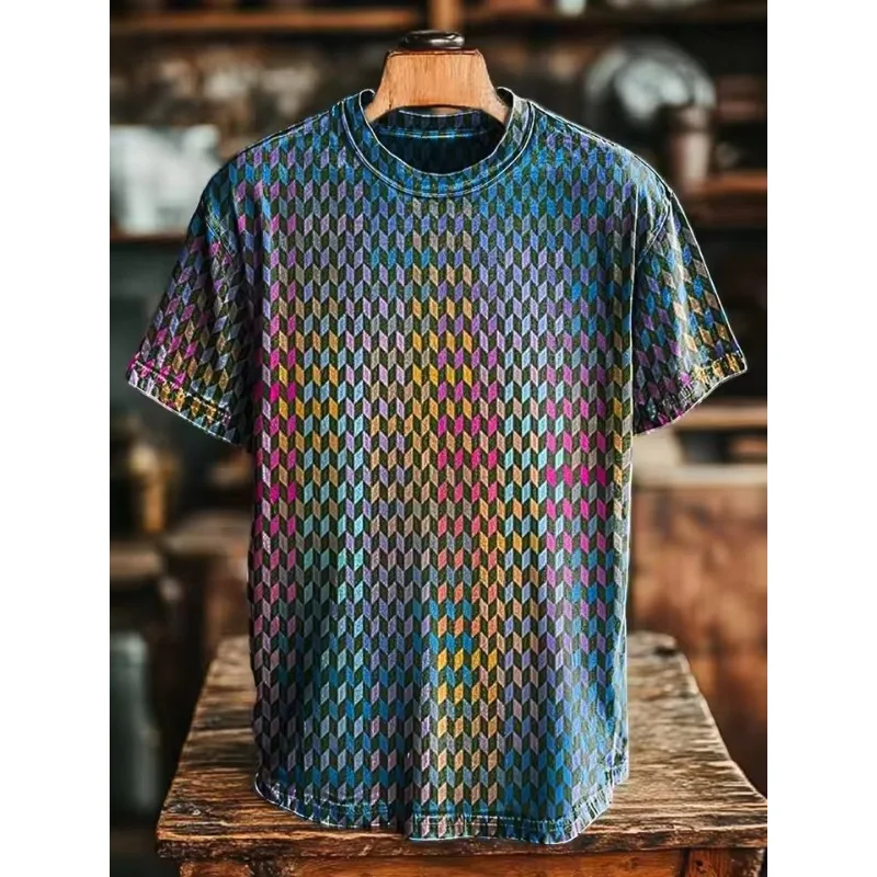 Men's casual short sleeved round neck T-shirt with colorful daisy oil painting floral print top clothing