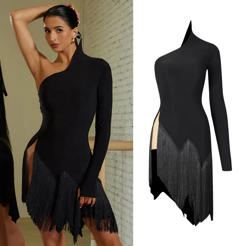 

Women One-Sleeve Oblique Shoulder Fringed Black Dress Cha Cha Rumba Samba Performance Clothes Adult Latin Dance Dress