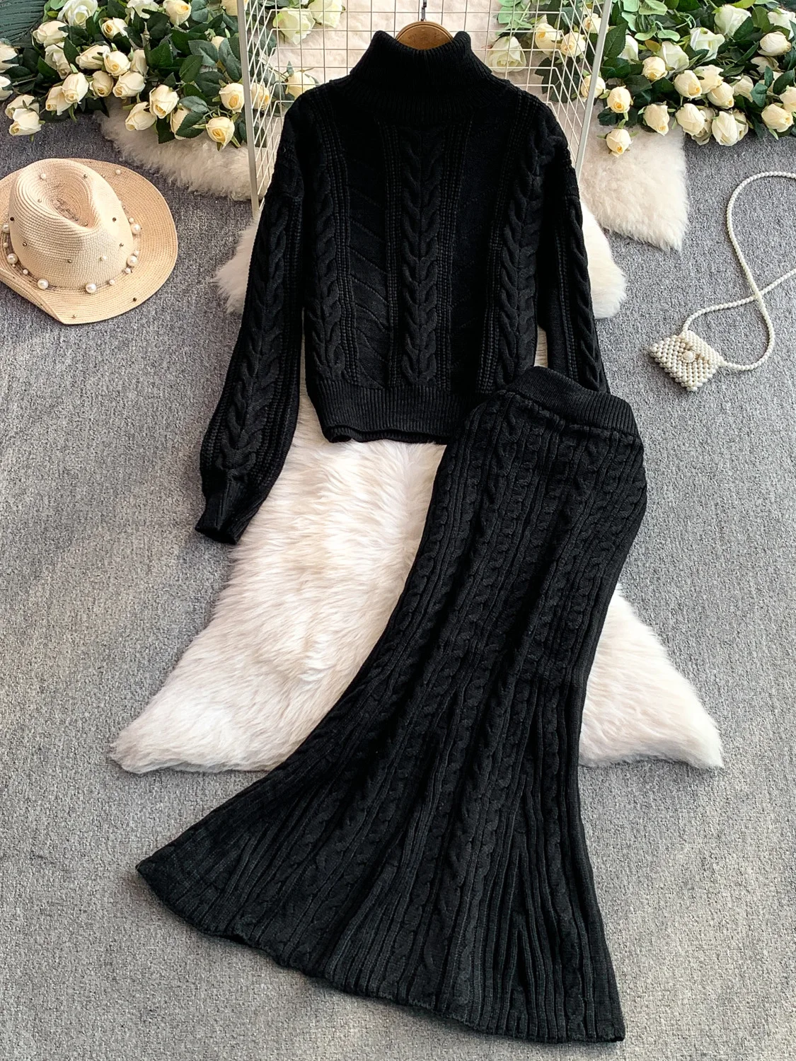 

Утягивающий вязаный свитер с высокой талией, длинная юбка с длинным хвостом и длинной юбкой, комплект из двух предметов, мочный зимний наряд для женщин