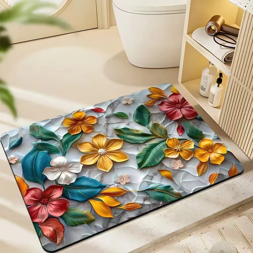 Colorful Flower Diatomaceous Earth Mat Absorbent Anti Slip Crystal Velvet Bathroom Drying Mat Floor Mat