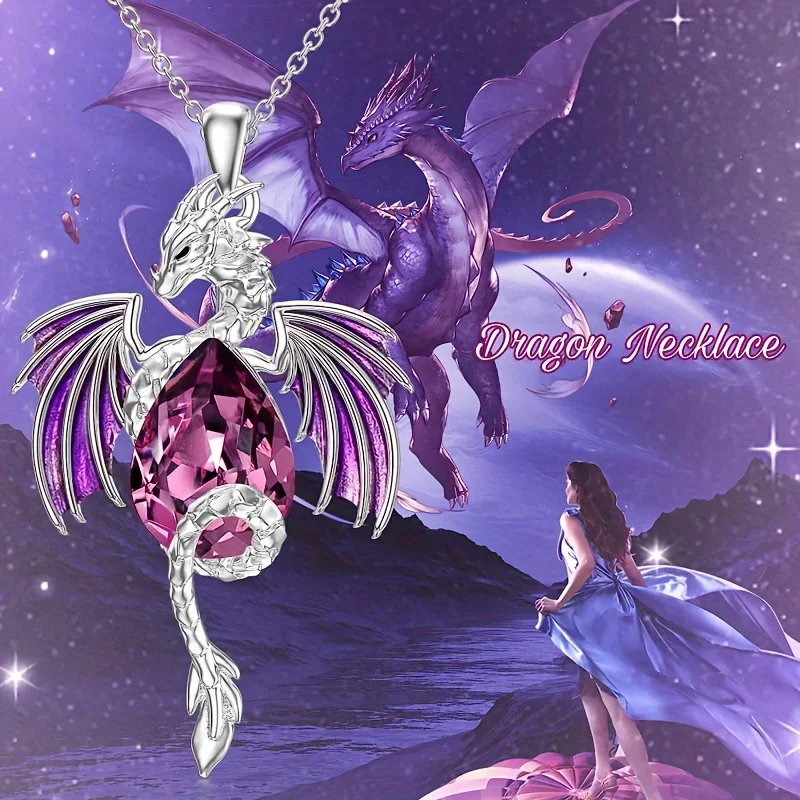 Gorgeous Flying Dragon Blue/Purple Zircon Pendant Necklace for Women Fashion Fantasy Animal Jewelry Accessories Niche Style