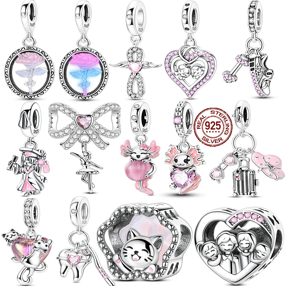 Neue Design Rosa Serie Bogen Liebe Zirkon Charms Fit Original Charme Pendent Baumeln Perle Armband Halskette DIY Frauen Schmuck Geschenk