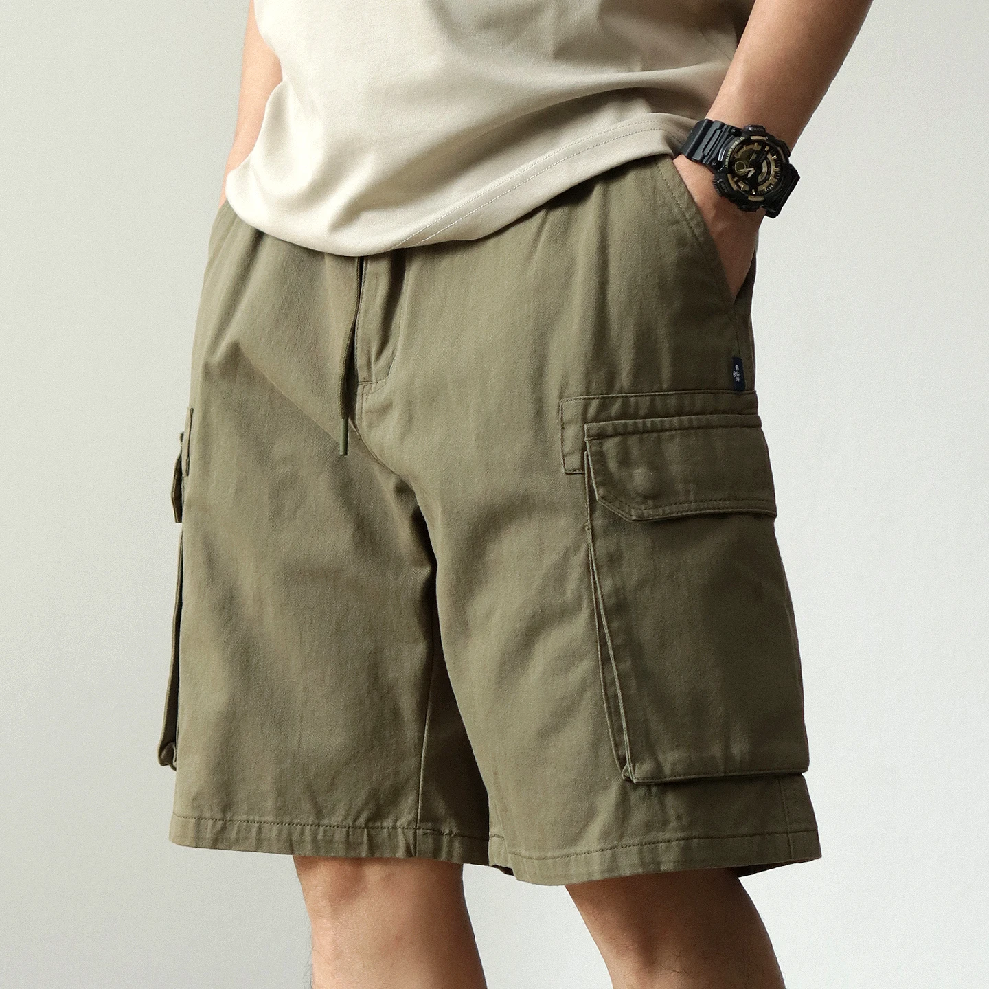 New Summer Multi-pocket Worker Bag Shorts Men's Wash Cotton American Retro Elastic Waist Loose Casual Five-point Pants