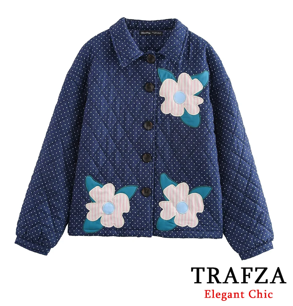 

TRAFZA-Women Fashion Cute Coat New 2024 Autumn Winter Polka Dot Floral Coat Buttons Lapel Jacket with LOVE Lettering On the Back