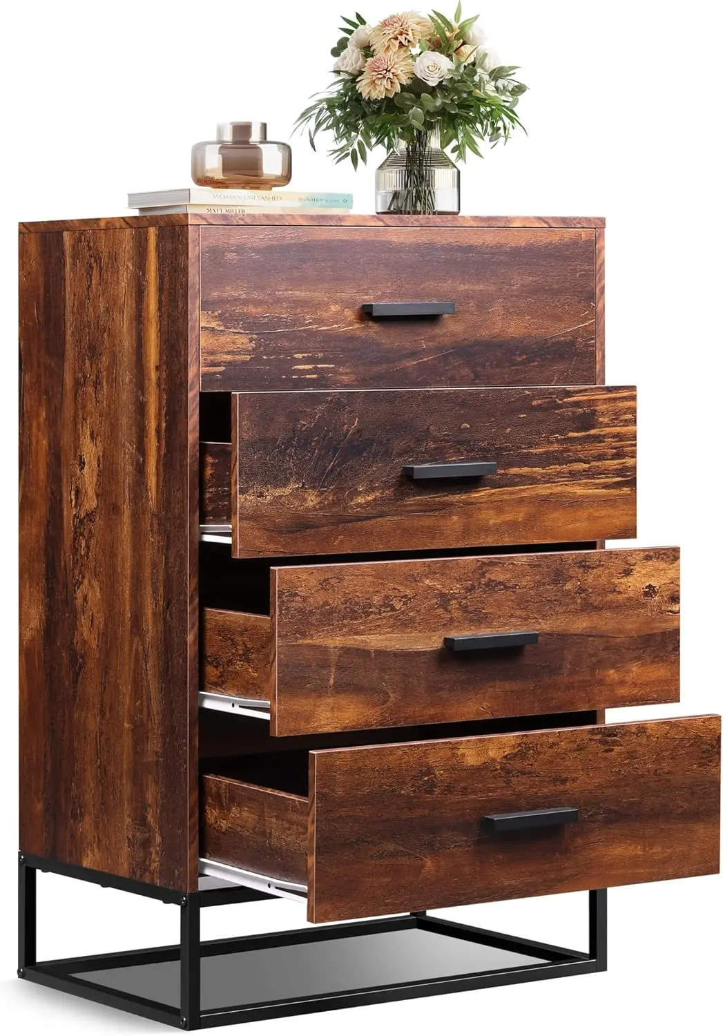 

Wood Dresser for Bedroom with 4 Drawers, Chest of Drawers, Tall Dresser Drawers with Sturdy Metal Frame for Hallway, Living Room