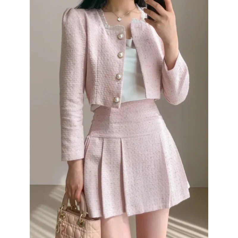 Fashionable Korean Elegant Fragrant Short Jacket Short Coat+High Waist Mini Skirt Set Slim Fit Women\'s Two Piece Set