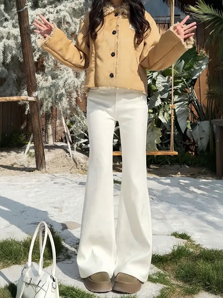 

Белые джинсы-колокольчики на подкладке, женские эластичные брюки-колокольчики с высокой талией больших размеров, утягивающие бедра, эластичные брюки-колокольчики