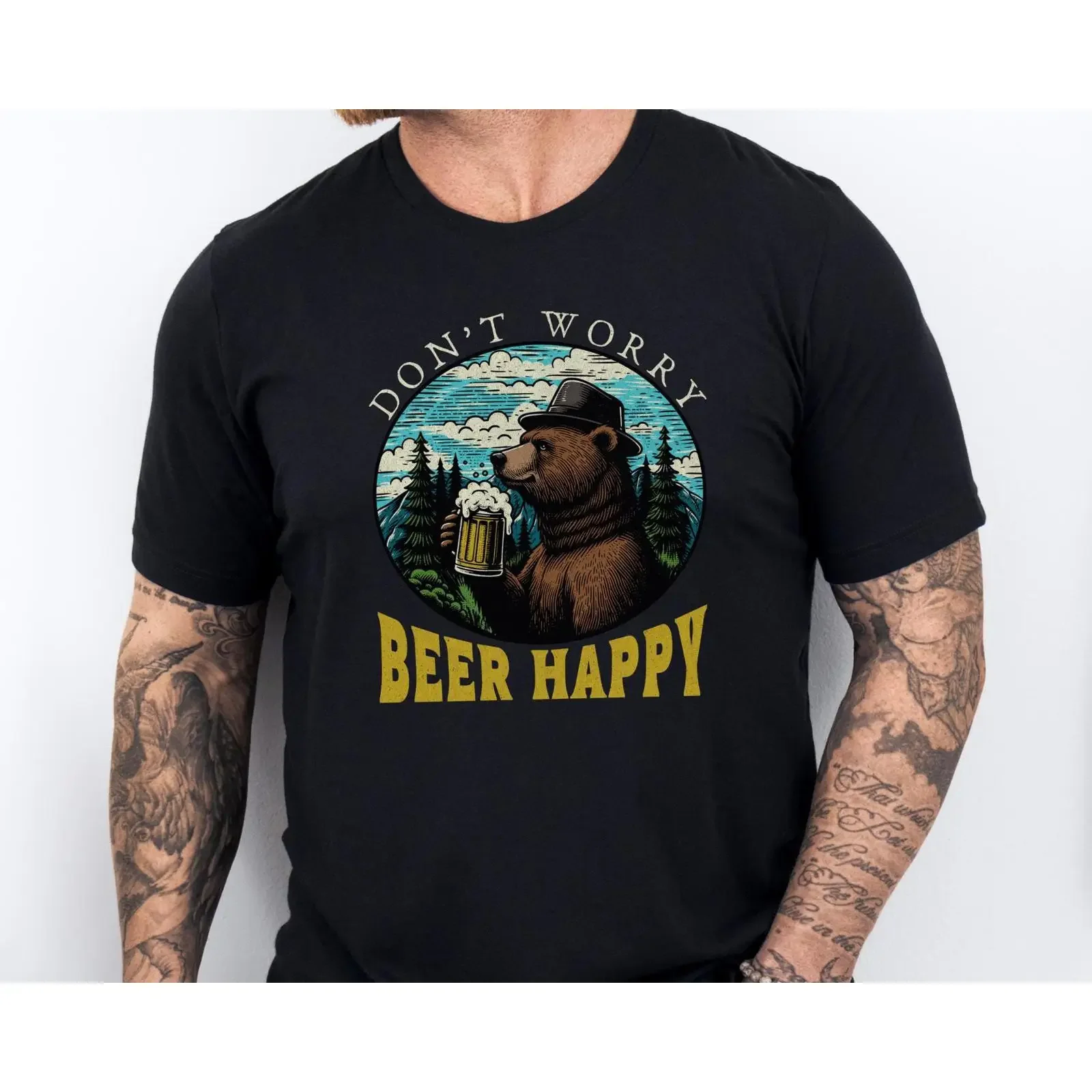 Don't Worry Beer Happy Funny Bear Drinking T Shirt Vintage Camping Lover Casual  vintage Washed Stylish designer clothes