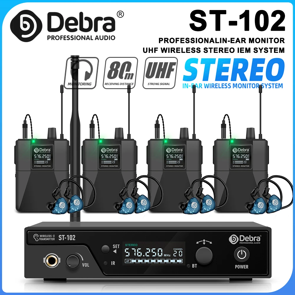 debra-st-102-wireless-in-ear-monitor-system-professional-stereo-with-bluetooth-uhf-for-stage-recording-studio-drummers