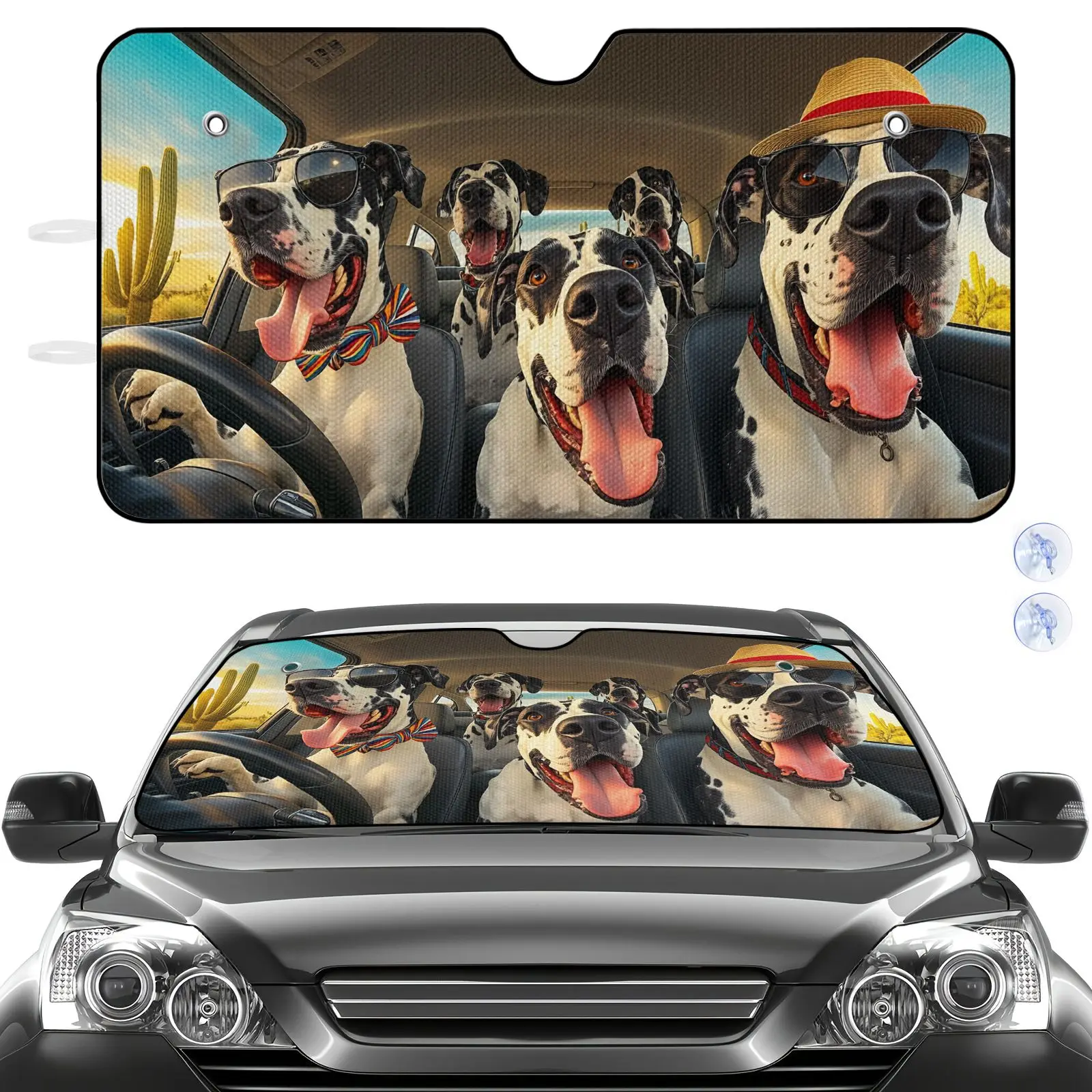 Car Sun Shade Black Dalmatian Dogs With Hat And Fashion Glasses Pattern For Car Interior Protection