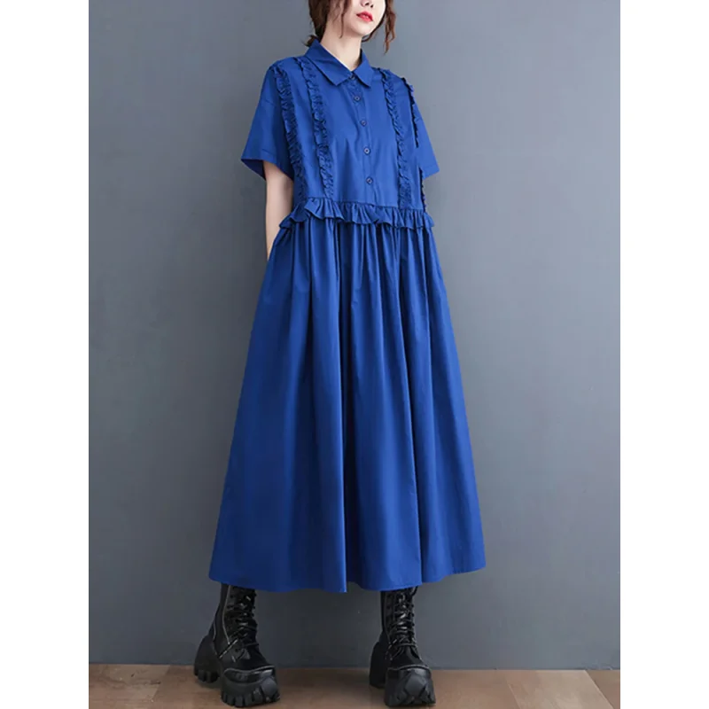 2025 Spring Summer New Patchwork Shirt Dresses For Women Short Sleeve Loose Casual Vintage Long Dress Fashion Elegant Clothing