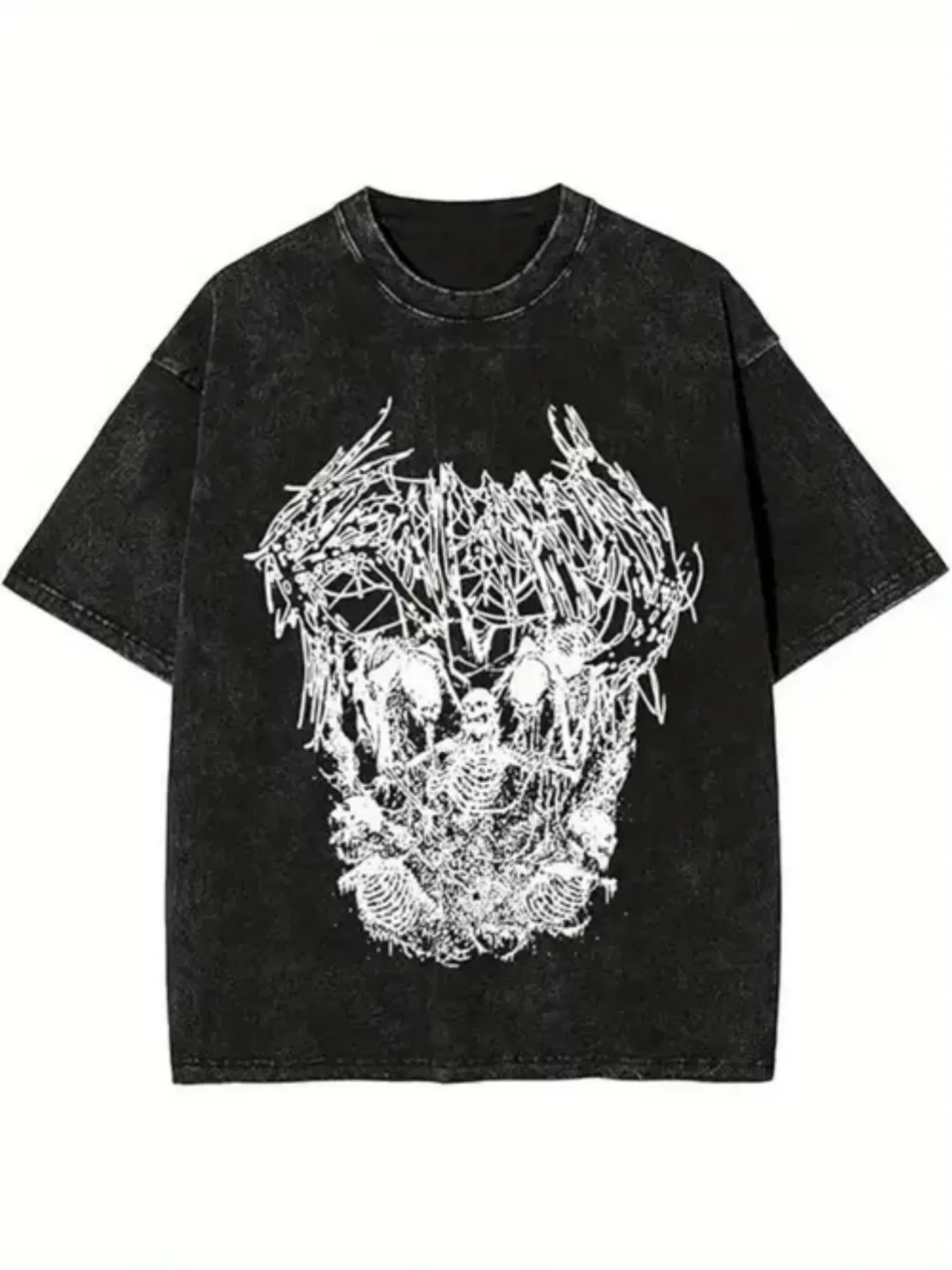 Men's Vintage Washed T-Shirt with Geometric Fan-Shaped Print, Black Loose Short Sleeves, Round Neck, Casual Style, Suitable for All Seasons, Perfect for Easter, Halloween, Thanksgiving, and Other Occasions