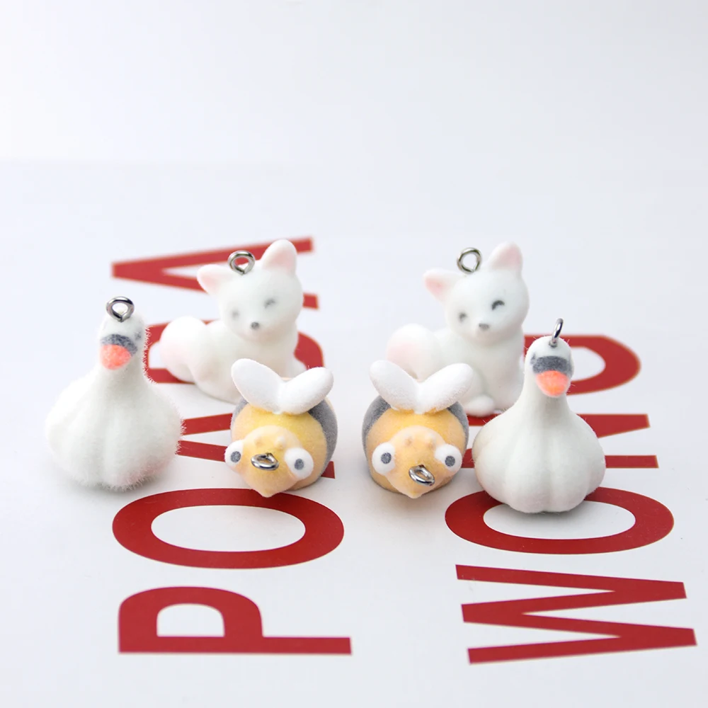 30PCS 3D Flocking Cute Bee Fox Duck Charms Doll Pendants for Necklace Keychain Jewelry Making DIY Handmade Accessories Wholesale