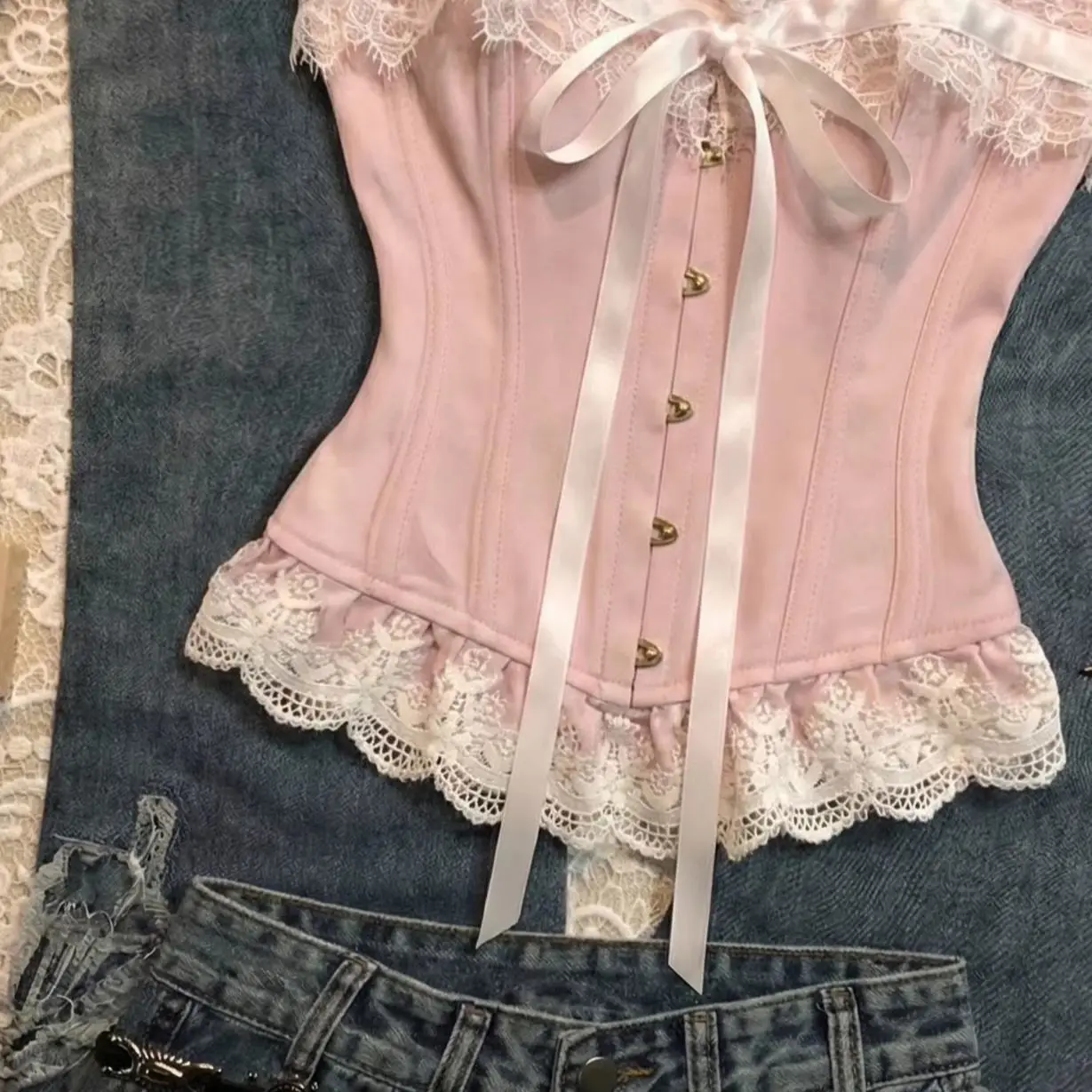 Underwear Vest Pink Lace Patchwork Strapless Top Bow Tie for Women Y2k Tanks & Camis Crochet Ropa Mujer Tank  Топ Fairy Grunge