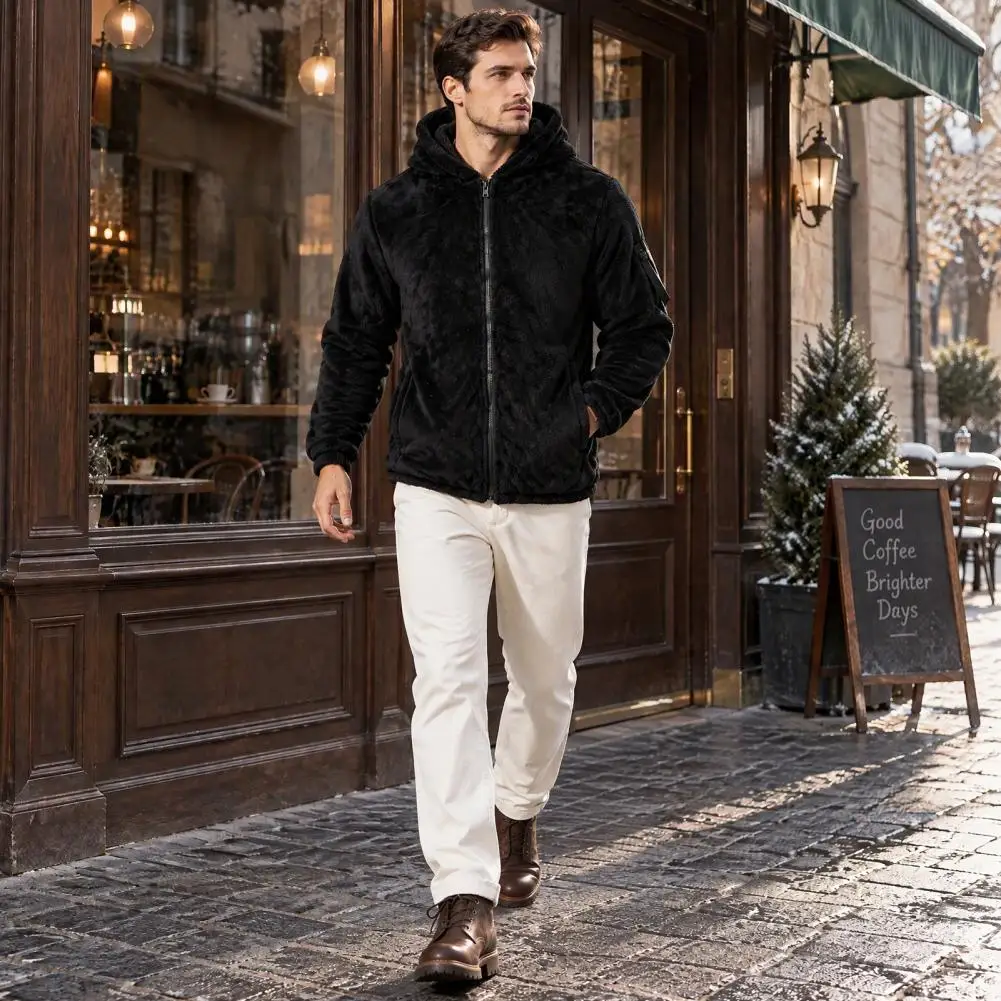 Thickened Plush Zip Up Hoodie Men's Hooded Fleece Coat Windproof Winter Jacket with Elastic Cuffs Front Pockets for Outdoor