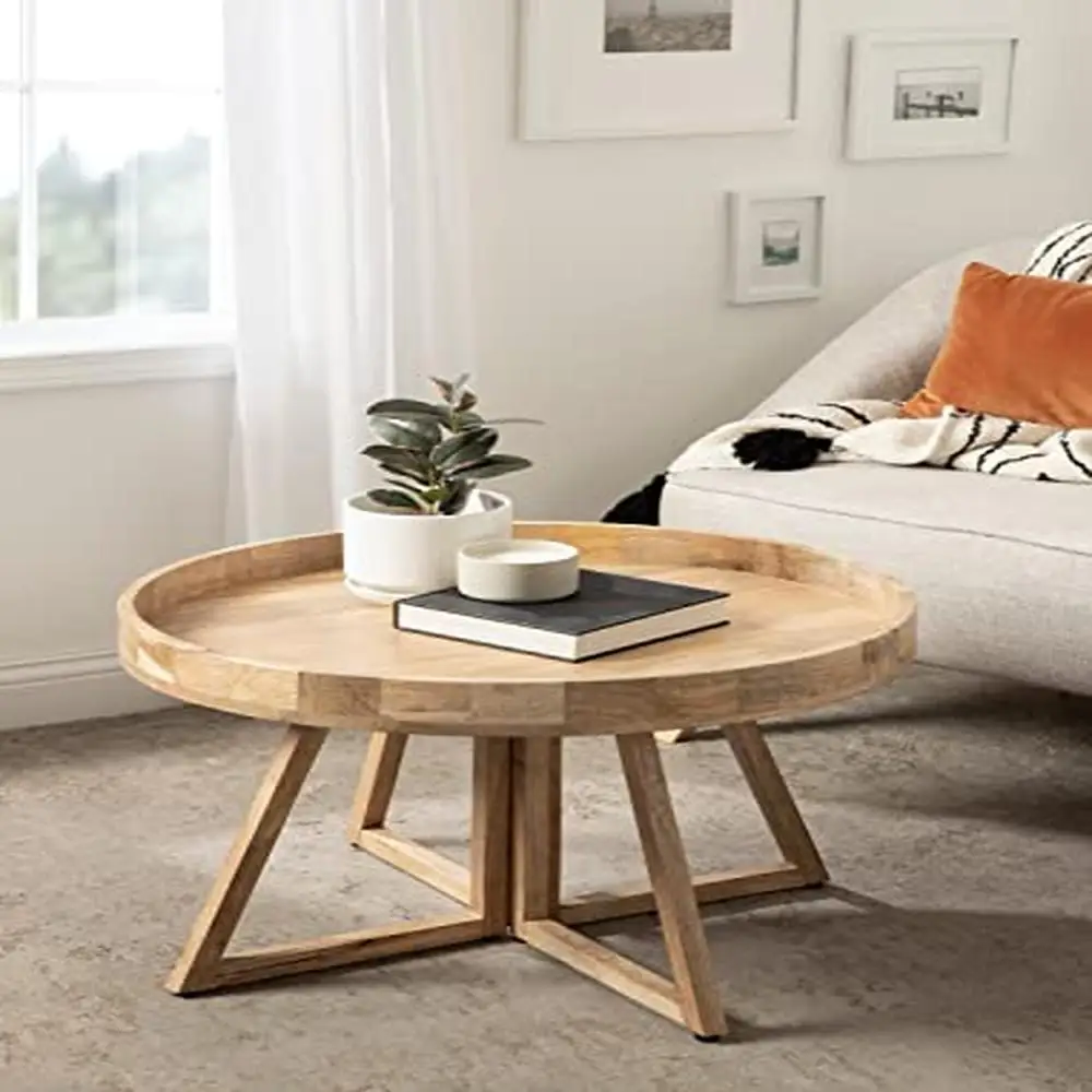 Natural Wood Round Coffee Table 30x30x18 Mid-Century Style Handcrafted in India Mango Wood Display Table Multi-Functional Design