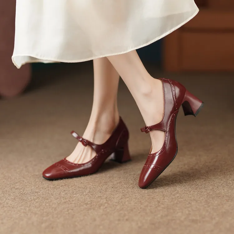 Vintage2023 Wine Red Women Mary Jeans Pumps Block Design Square High Heels Bowknot Strap Black Formal Dress Chaussure Femininos