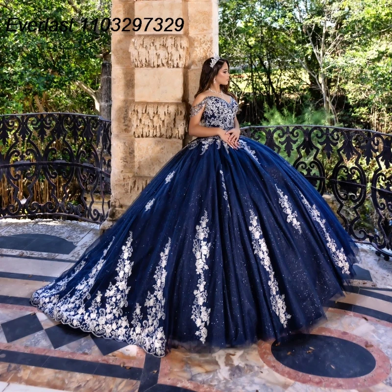 EVLAST Sparkly Navy Blue Quinceanera Dress Ball Gown Silver Lace Applique Beaded Corset Sweet 16 Vestidos De 15 Años TQD880