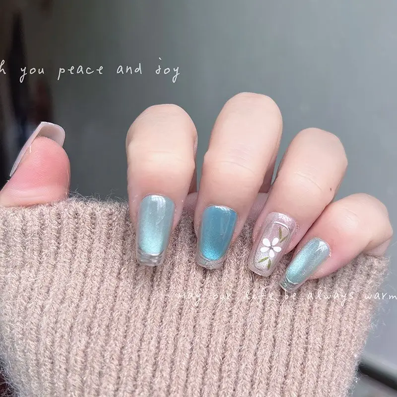 10pcs Glossy Mint Green Floral Press On Nails Reusable Cat Eye Fake Nails With White Flower Design False Nail Tips For Women
