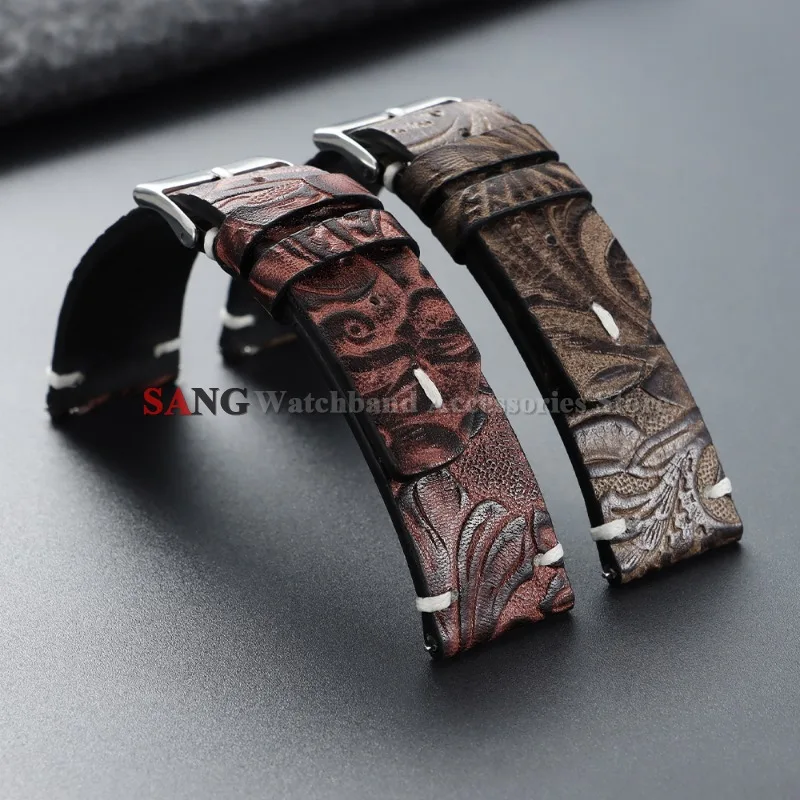 Vintage Pattern Cowhide Universal Bracelet 20/22mm Leather Watch Band Strap for Samsung Galaxy Watch 7/6/5/4 Women Men Wristbelt