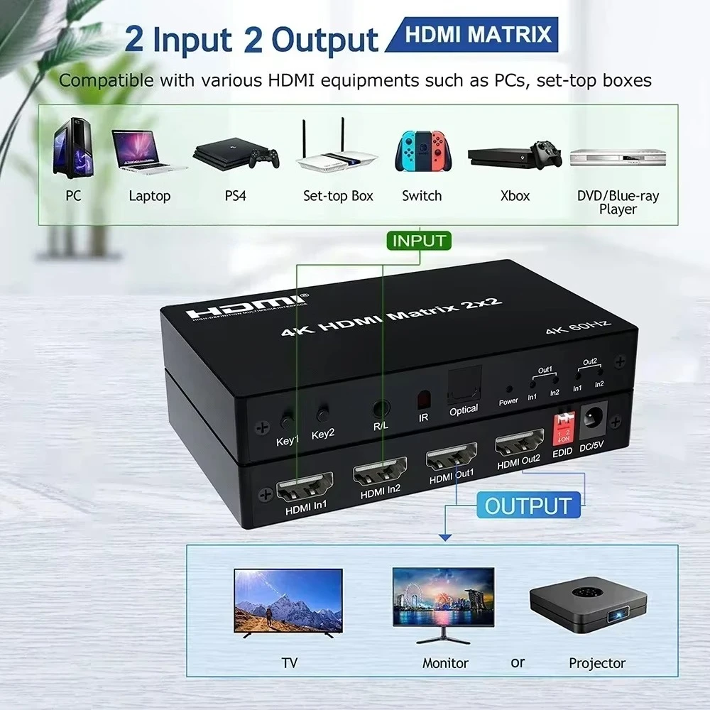 4K 60Hz 2x2 4X2 HDMI Matrix 2 in 2 Out HDMI Switcher Splitter Audio Extractor Video Converter for PS4 Laptop PC To TV Projector