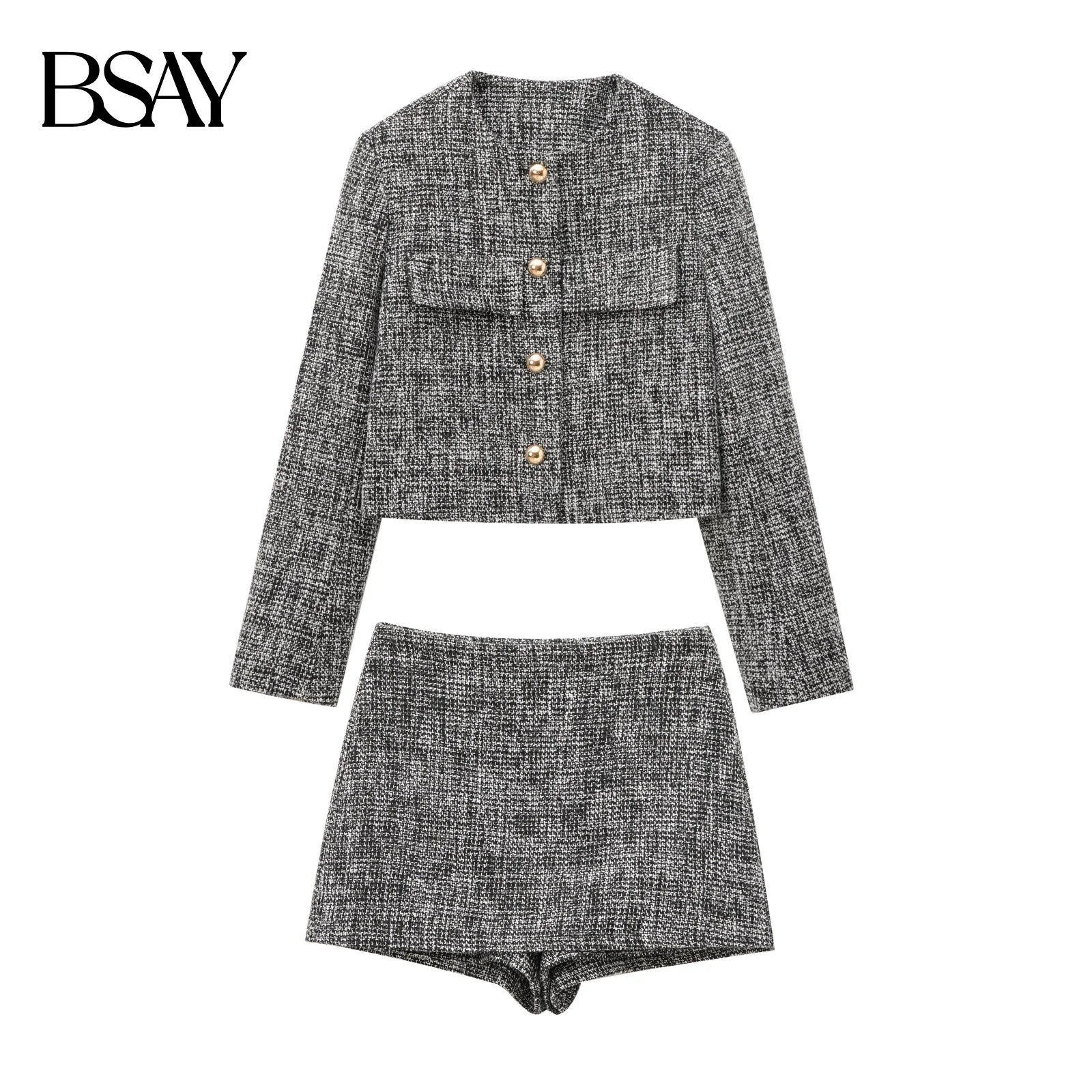 BSAY femmes mode manches longues simple boutonnage col rond court costume veste femme taille haute jupe pantalon Shorts deux pièces ensemble