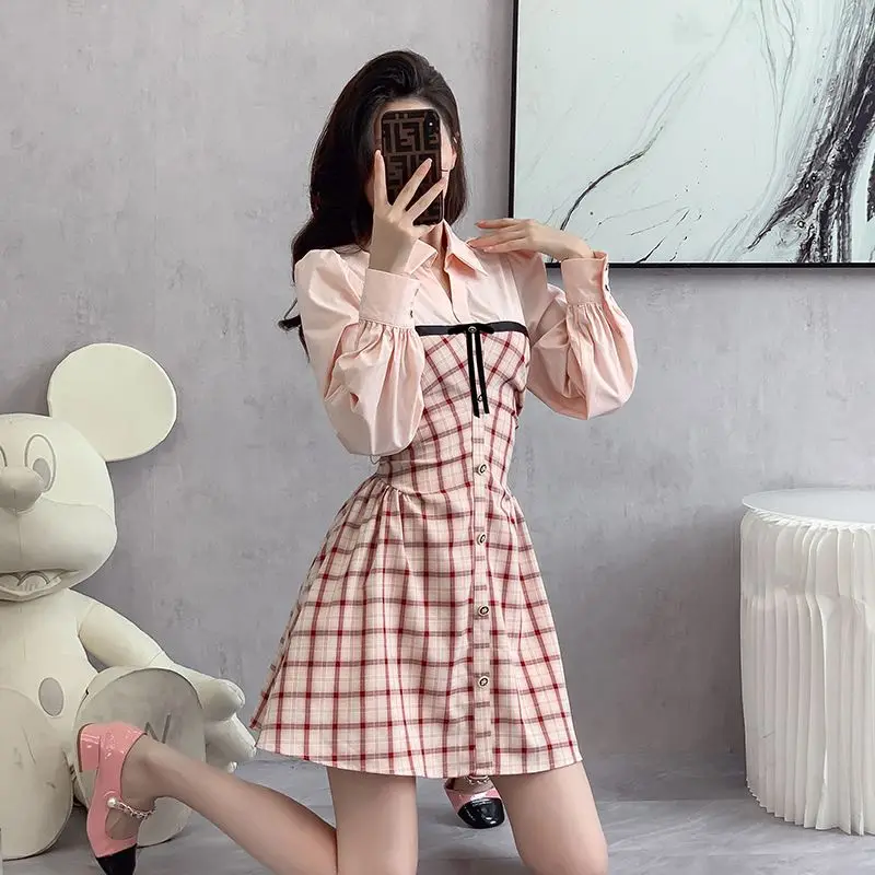 Pink Checkered Sweet Long Sleeved Dress with Feminine Temperament Fake Two-piece Spliced Shirt Skirt Waist Cinched A-line Skirt