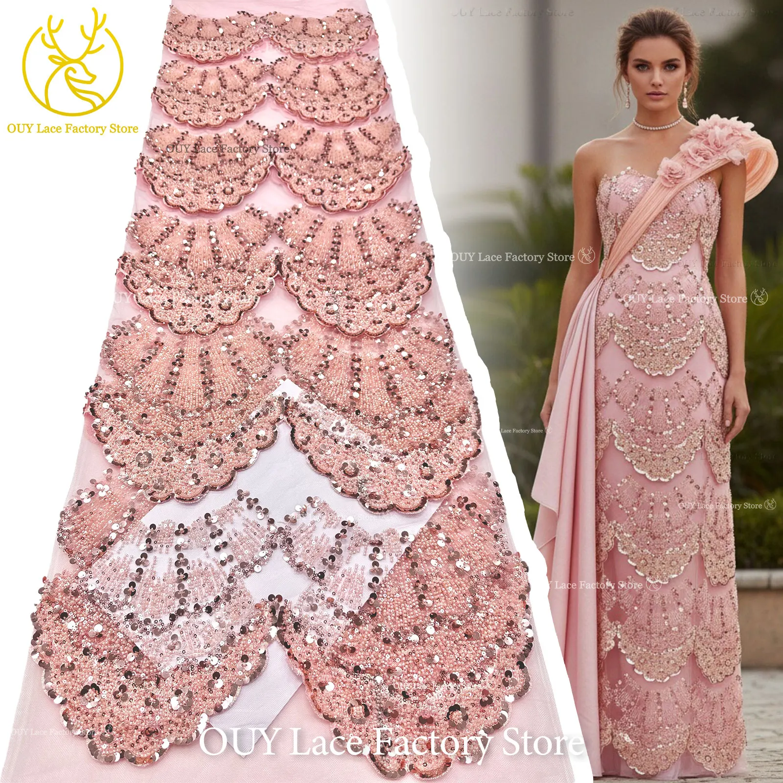 Eleganter DIY handgefertigter bestickter 3D-Spitzenstoff mit Perlen, afrikanischer Pailletten-Tüll, nigerianischer Hochzeitsstoff für Damen, 5 Yards – Detail 5
