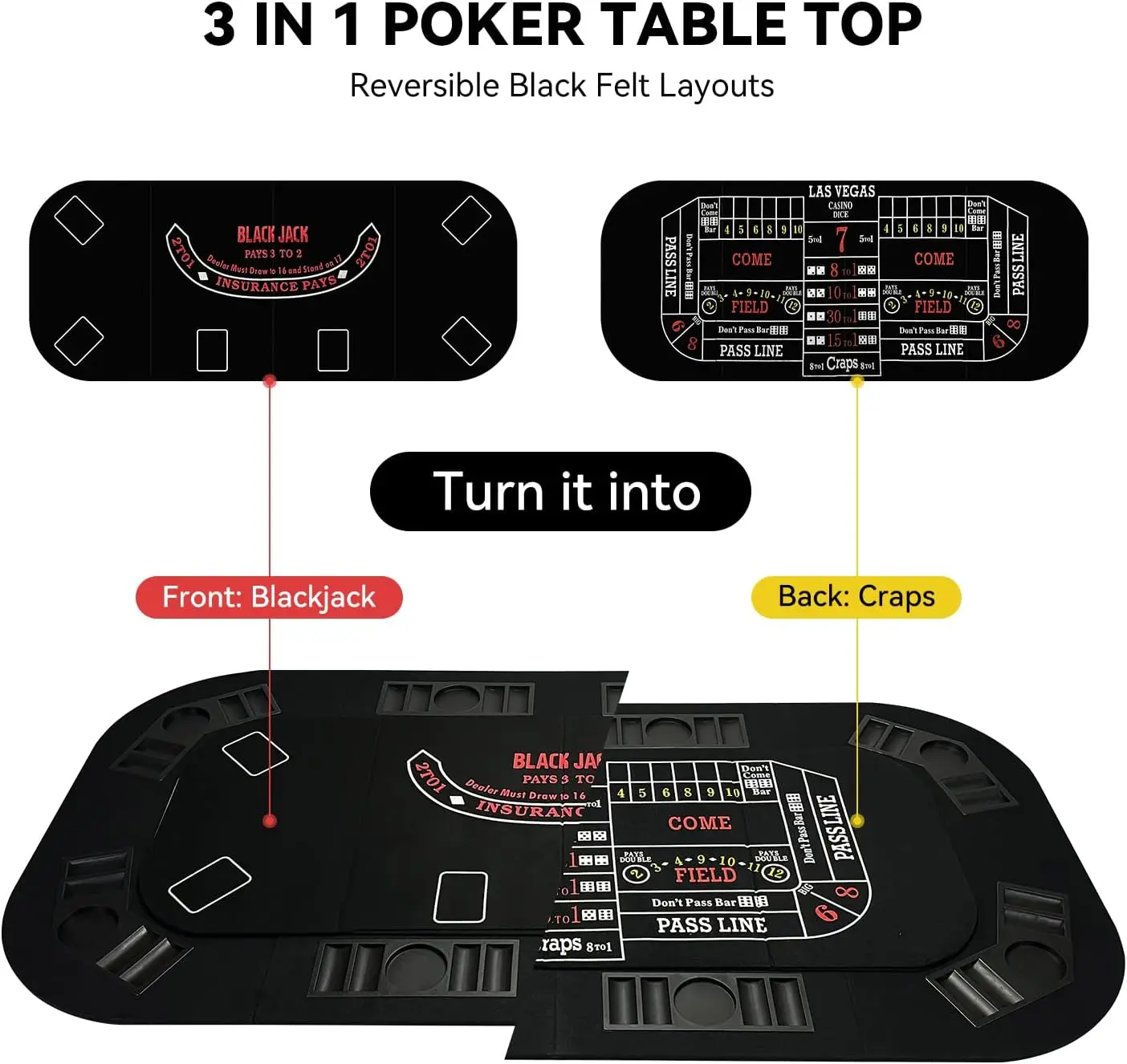 3 in 1 Poker Table Top, Texas Hold'em Poker Card Tabletop Layout with Reversible Black Felt, Foldable Poker Table Craps Mat with