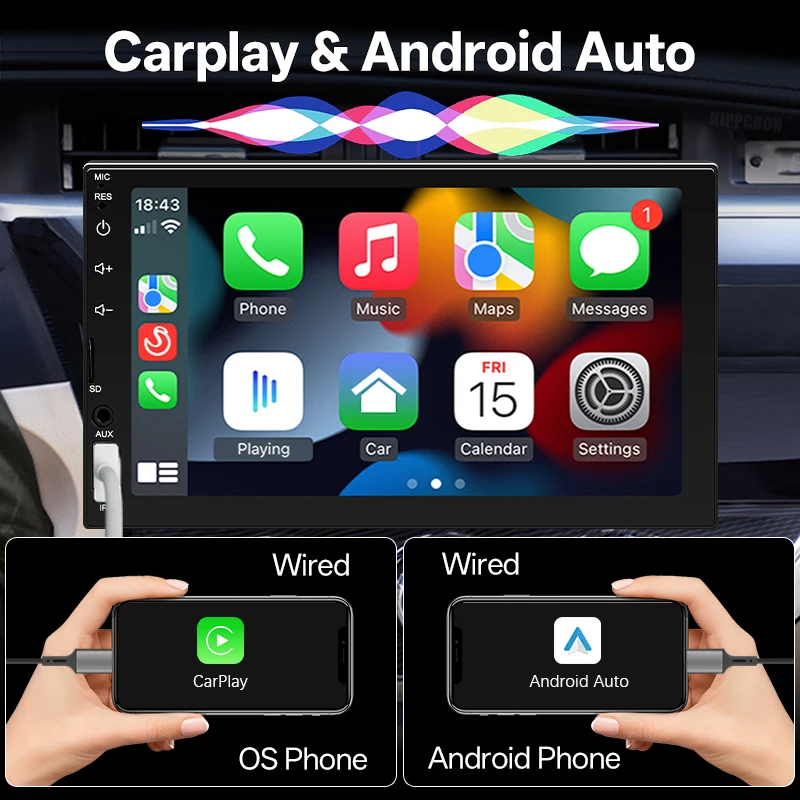วิทยุติดรถยนต์ Hippcron 2Din มัลติมีเดีย MP5 Player รองรับ Carplay แบบใช้สาย Android Auto หน้าจอสัมผัส 7 นิ้ว วิทยุ FM ช่องต่อ AUX รองรับบลูทูธ พร้อมกล้อง