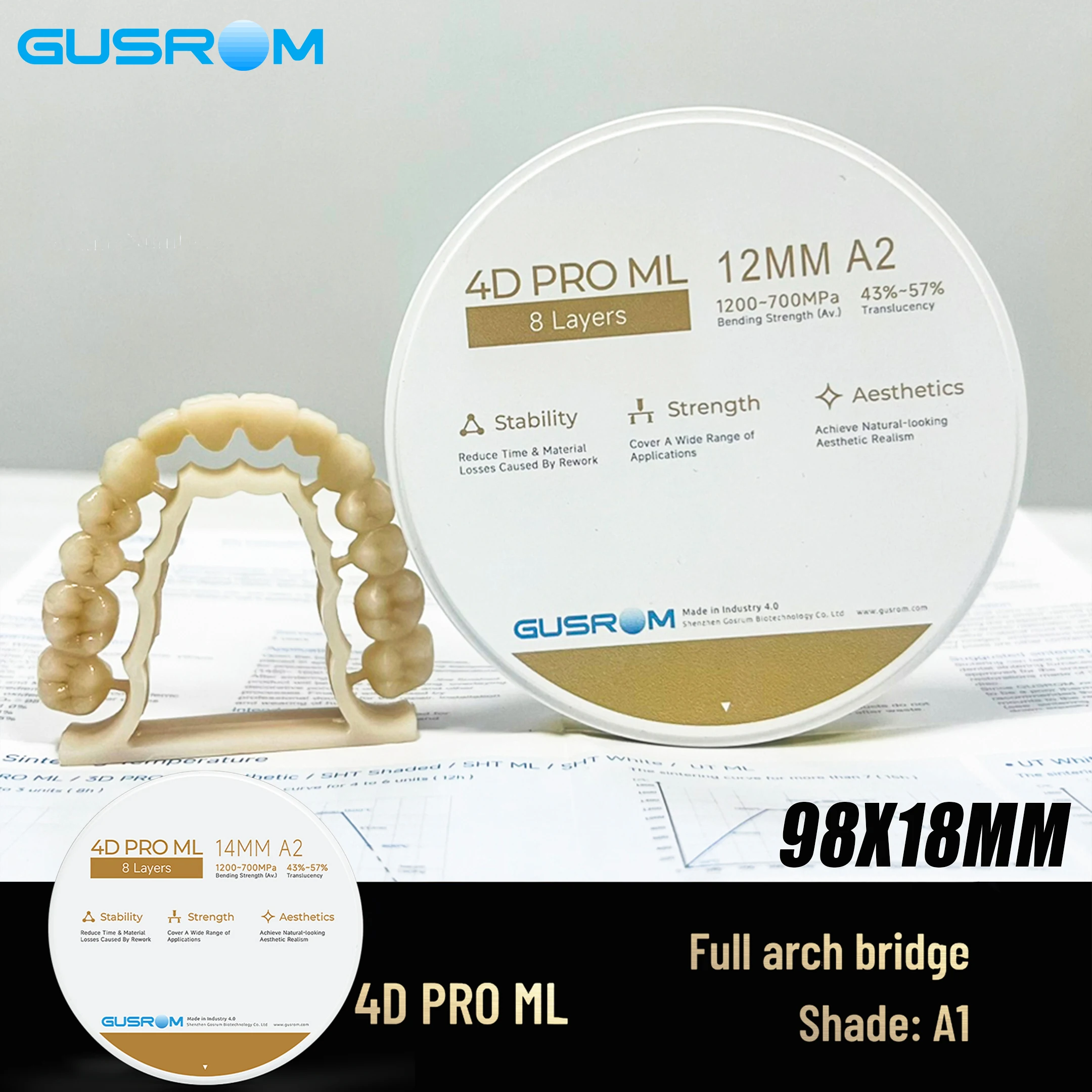 Zirconia 4D Multilayer Block GUSROM 98mm 8 Layer Multi-Color CAD/CAM Dental Lab Materials A2 Crown Bridge