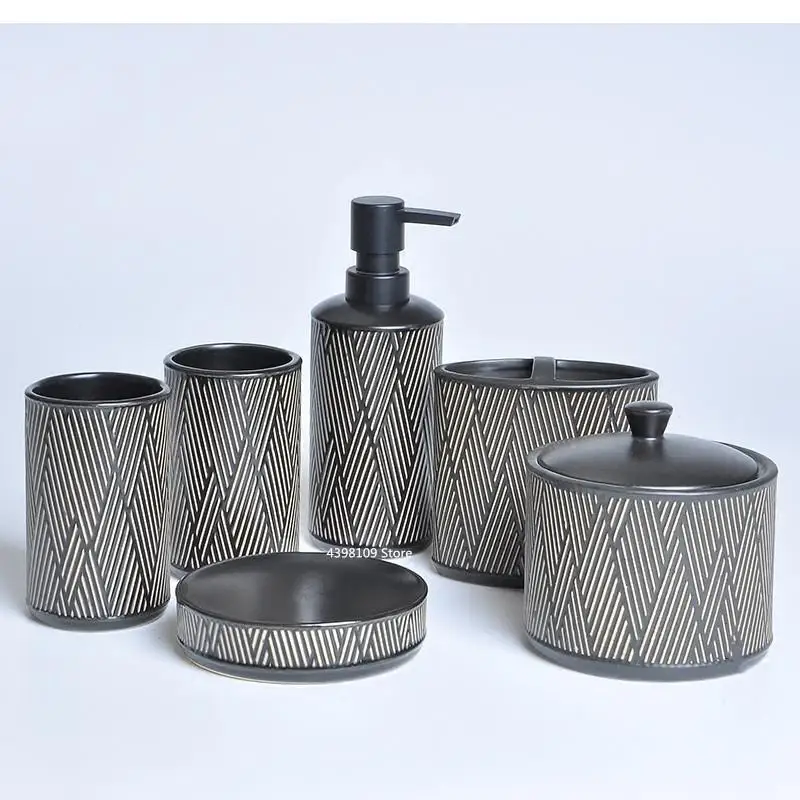 Black Ceramic Bathroom Supplies / Washing Set Toothbrush Holder Soap Dispenser Cotton Swab Box Decoration Accessories