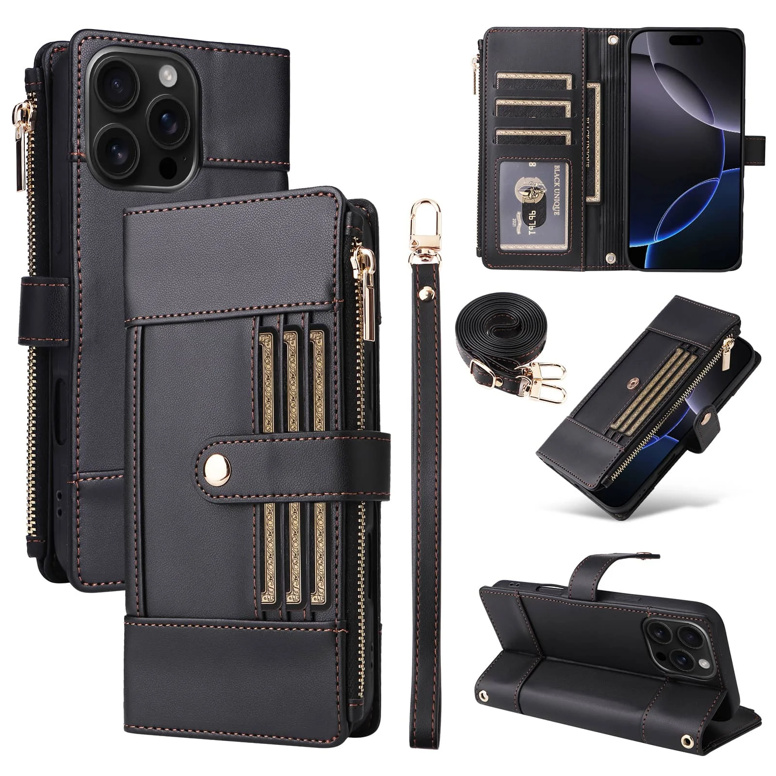 

For iPhone 16e 16 15 14 13 12 11 Pro Max 16 Plus Wallet Case, RFID Blocking Case Kickstand Flip Cover Wrist Strap Card Holder