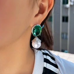 ThreeGraces Elegant Green Cubic Zirconia Big Simulated Pearl Drop Earrings for Women Luxury Bridal Wedding Party Jewelry E1933
