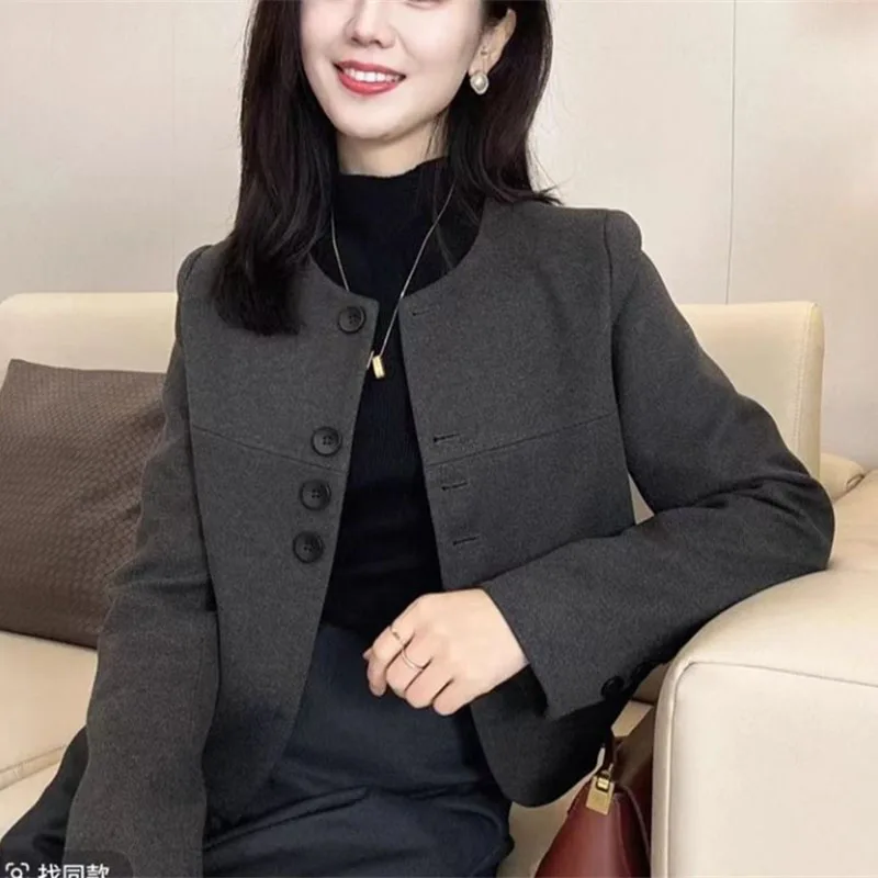 Grey Western Style Small Fragrant Woolen Coat Women's Jacket Tops Spring Autumn New Versatile Short Woolen Blended Suit Coat