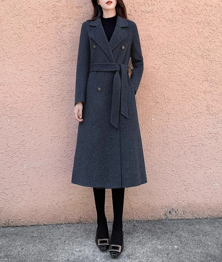 معطف صوفي نسائي جديد للخريف والشتاء، معطف كشمير عصري للتنقل باللون الرمادي الداكن وياقة عالية الجودة على الوجهين #4