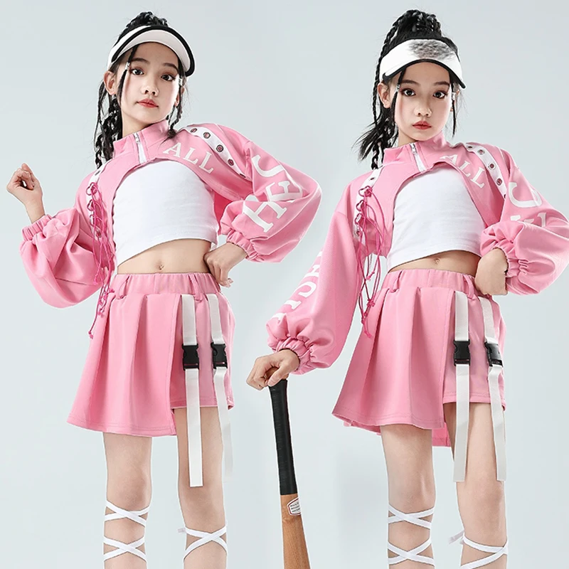 2024 Girls Jazz Modern Dance Performance Stage Costumes For Kids Pink Crop Tops Skirts Suit Hip Hop Performance Wear DN17560