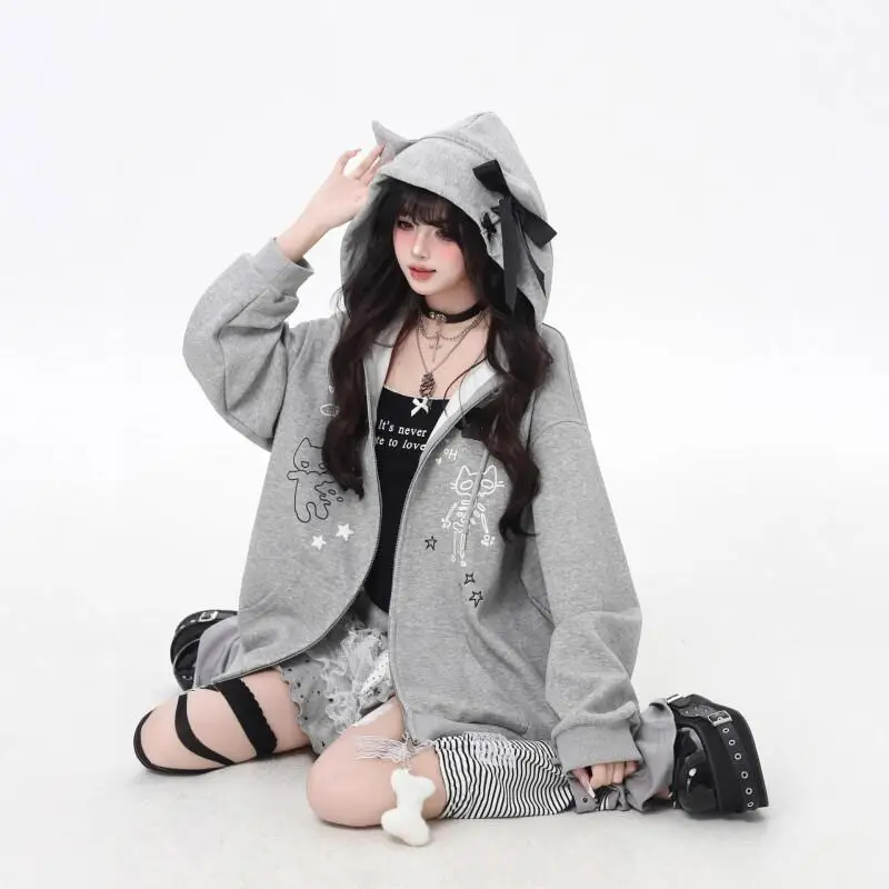 

fashion Japanese style cute cat grey Jacket long sleeves hoodie Women's Clothing autumn winter zipper cardigan coat Outerwear