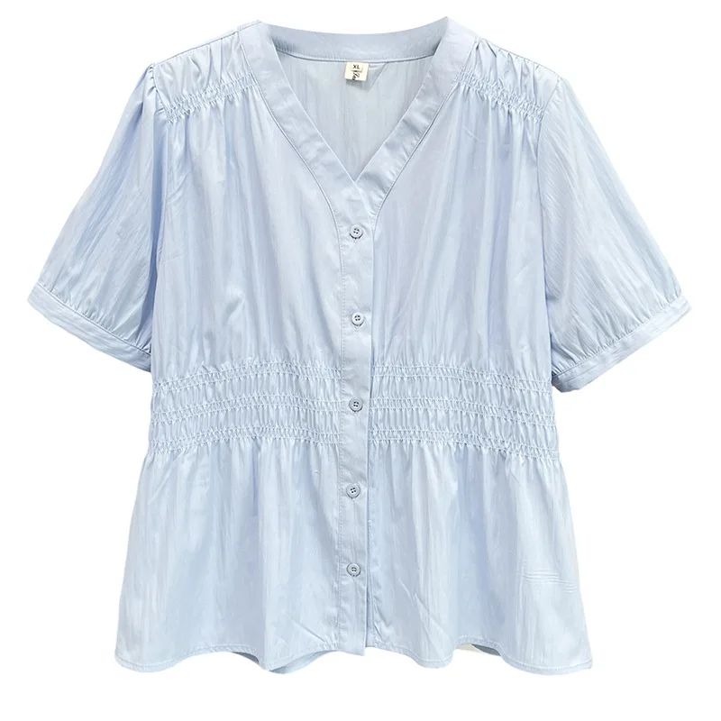 

2025 блузки больших размеров, новые летние стильные повседневные тонкие женские рубашки с v-образным вырезом и завязкой на талии, с короткими рукавами, слегка складывающиеся 506