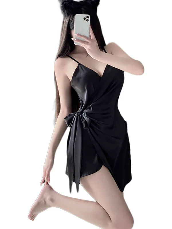 New Temperament Satin Lace Up Hanging Strap Sexy V-neck Slim Fit Tie Up Slim Solid Color Lace Up Asymmetric Fashion Dress  8GG5