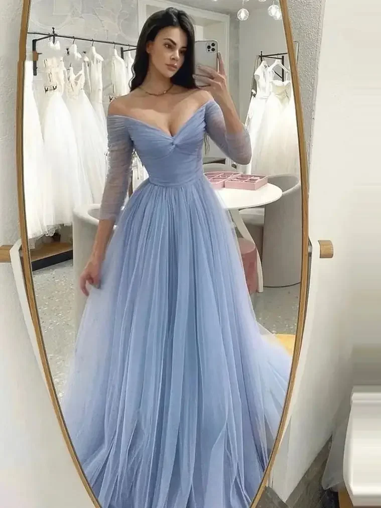 

Elegant Baby Blue A-line Evening Dress Long Sleeve Prom Dress Sexy V-neck Party Dress 2024 Tulle Off The Shoulder Prom Gown