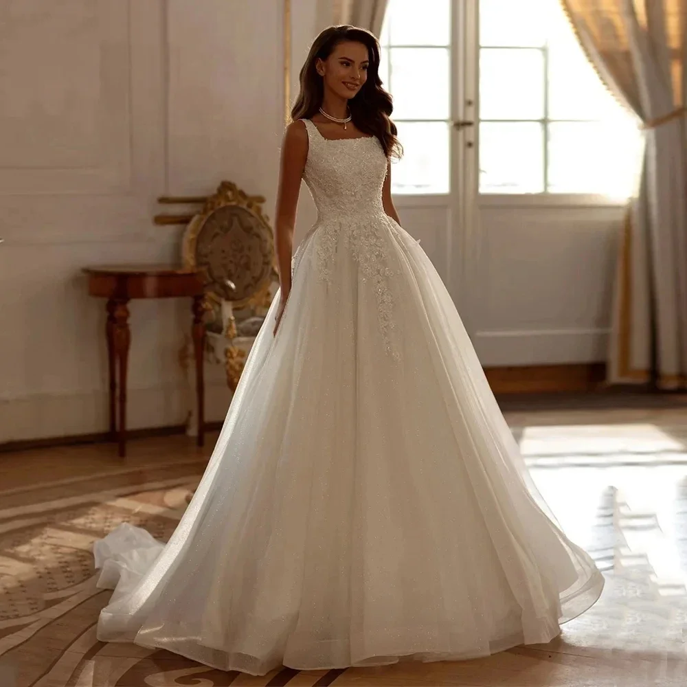 

Flavinke Customized Square Collar Sleeveless Wedding Dresses Glitter Lace Appliques Bridal Dresses A-Line Gowns Vestido De Noiva