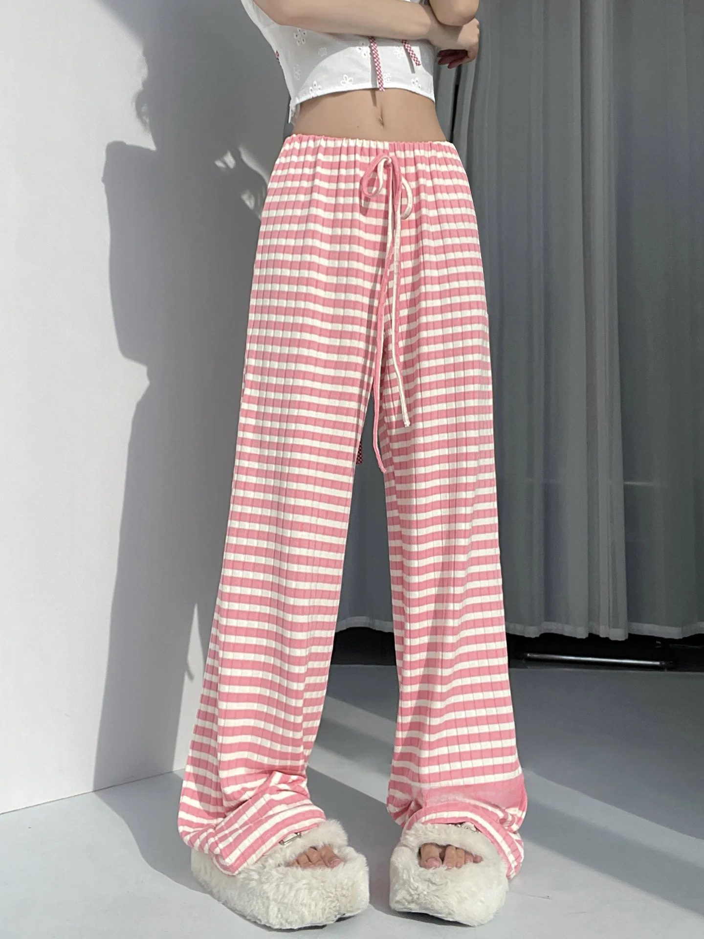 American Style Dopaamine Texture Drawstring Wide Leg Striped Casual Pants Women Hot Girl Loose Long Trousers Cotton Village