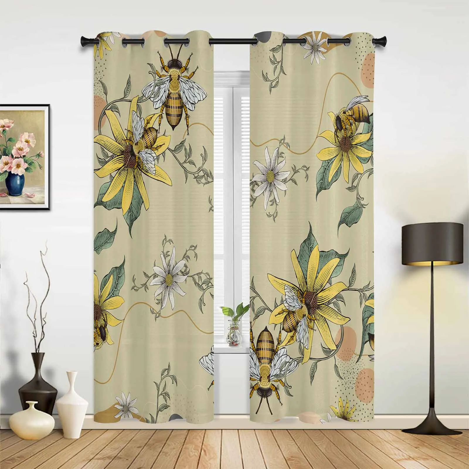 Bee Flower Leaf Bohemian Window Curtains for Living Room Luxury Bedroom Curtains Coffee Dining Room Drapes