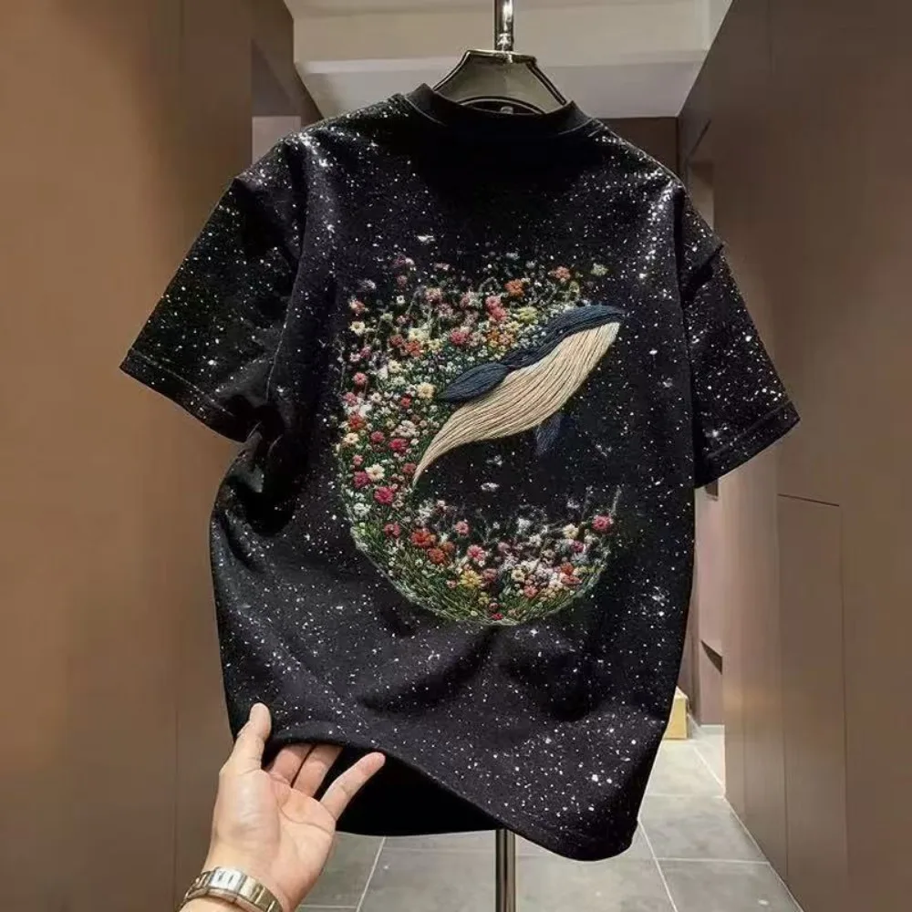 Herren-T-Shirt mit lockerer Passform und lässigem Wal- und Blumenmuster für den Sommer, Vintage-Unterhemd mit Rundhalsausschnitt, Streetwear-Kurzarm-T-Shirt für Damen – Detail 4