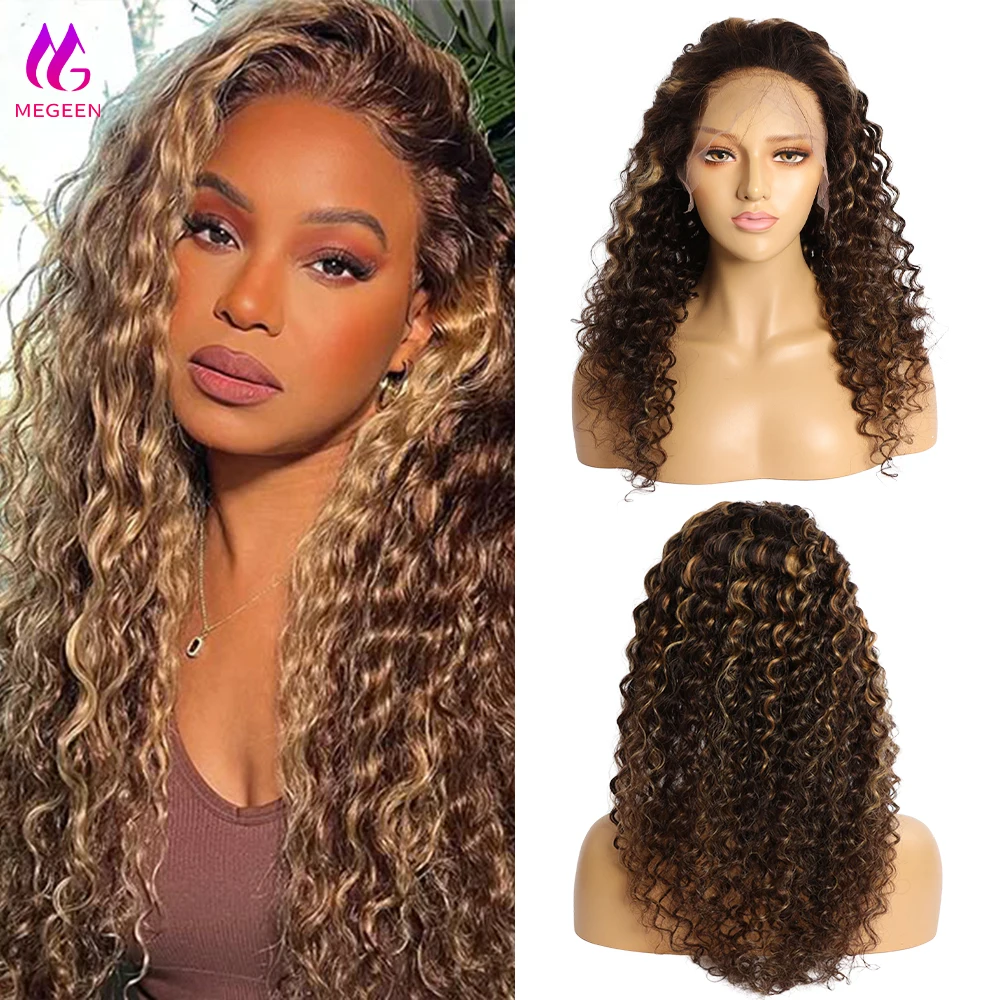 شعر مستعار من Megeen بموجة عميقة من الدانتيل الأمامي الشفاف ، شعر بشري مبرز مع شعر طفل ، شعر مستعار بدانتيل أمامي مجعد عالي الدقة ، شعر بكر ، 13 × 4 ، P4 ، 27