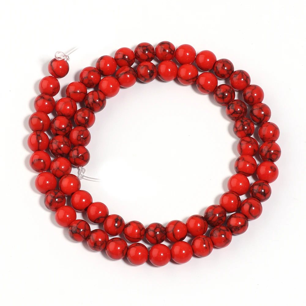 4 6 8 10 12mm Red Natural Turquoise Stone Beads Black Stripes Loose Spacer Round Beads For DIY Craft Bracelet Necklace Jewelry